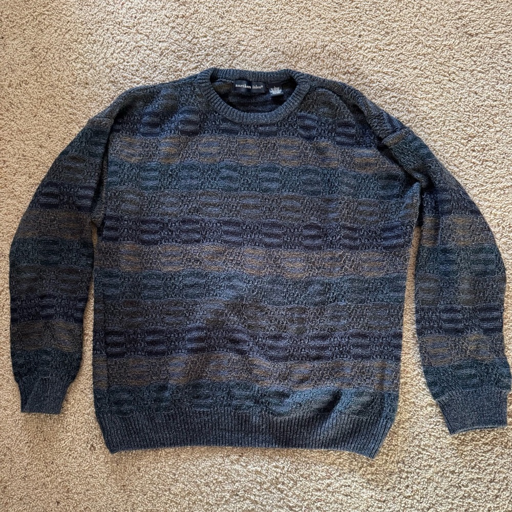 Vintage Northern Isles Sweater Crewneck textured Stripes Blue Men's Size Large